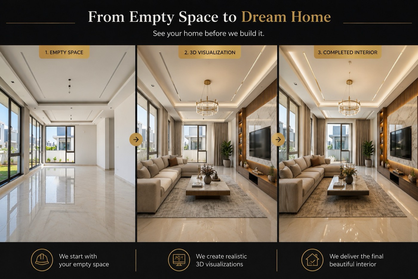 From empty space to a dream living room — AI 3D visualization by Treasures Together Interiors
