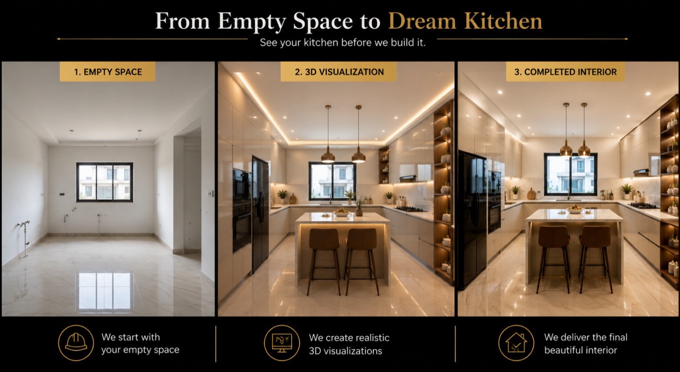 From empty space to a dream modular kitchen — AI 3D visualization by Treasures Together Interiors
