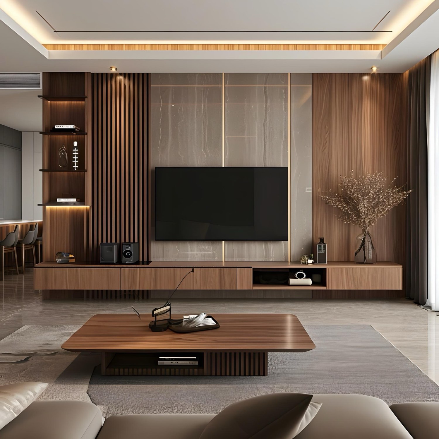 Modern living room with TV unit interior design by Treasures Together